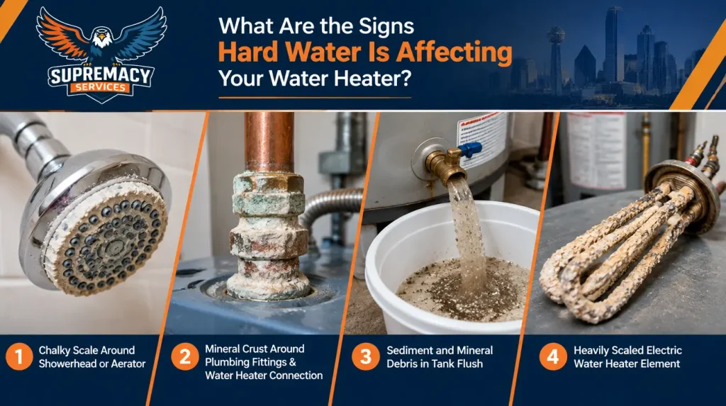 Mineral scale on shower fixtures, plumbing connections, water heater sediment and a scaled heating element
