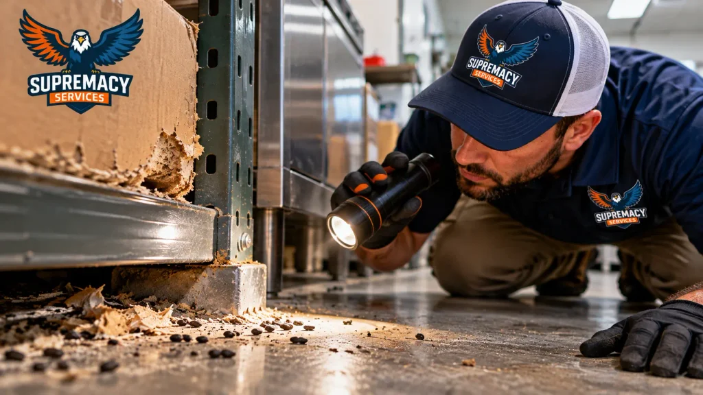 Supremacy technician inspecting rodent droppings and gnaw damage inside a commercial storage area