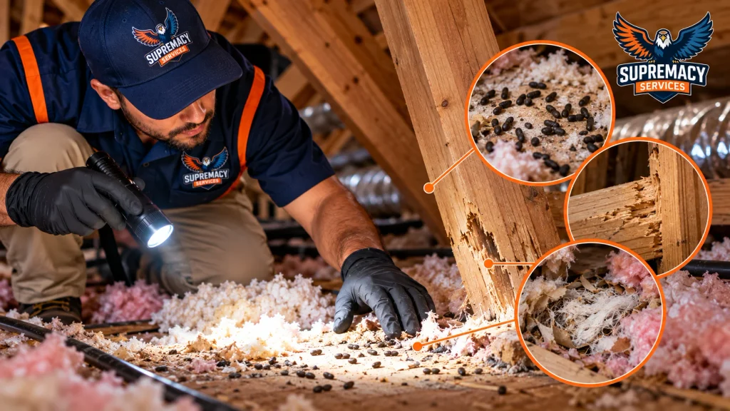 Supremacy Services technician inspecting rodent droppings, gnawed wood and nesting material in an attic
