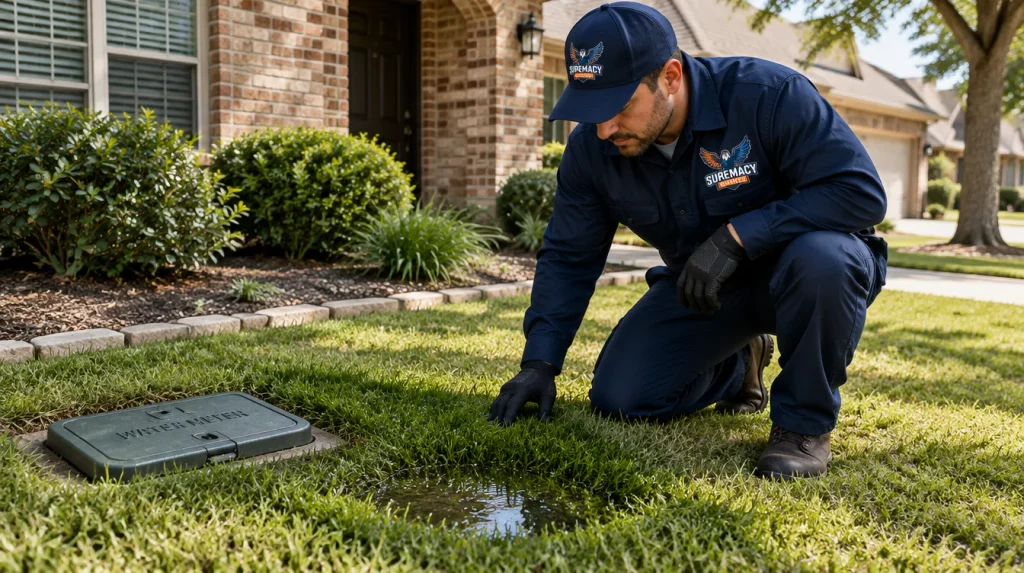 Wet patch and standing water on a Dallas home's front lawn indicating a possible underground main water line leak.