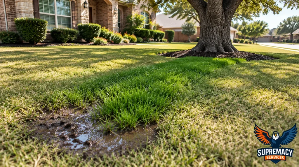 Wet grass and muddy soil near a mature tree in a Dallas residential yard, suggesting a possible underground water line leak.