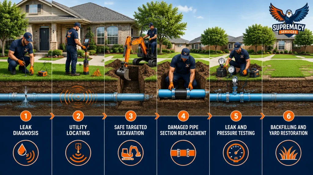 Illustrated stages of underground main water line repair, from leak detection and excavation to pipe replacement, testing, and restoration.
