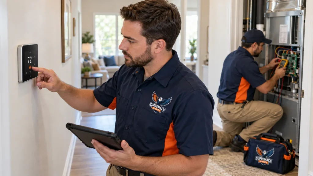 Technician Installing Smart Thermostat & HVAC Controls in Dallas Home