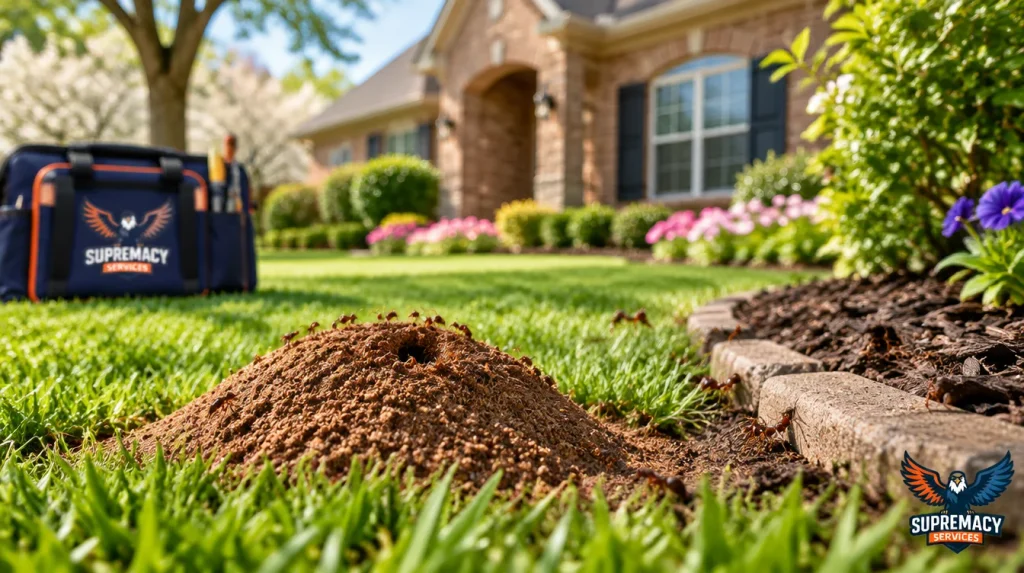 Fire ant mound and ant activity around a North Texas home in spring