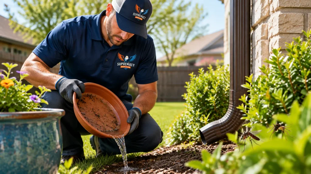 Mosquito breeding source inspection around a North Texas backyard