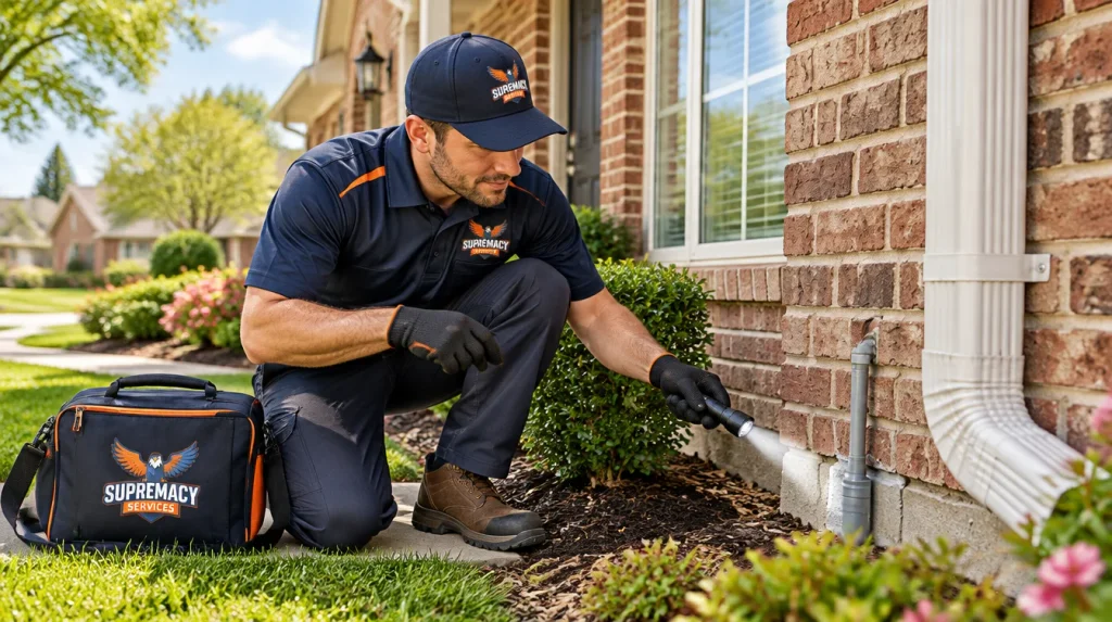 Pest control technician inspecting a North Texas home for spring pest entry points