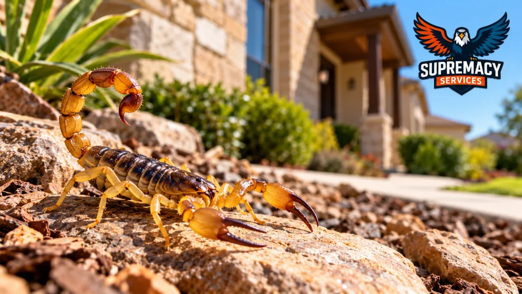 Close-up of a striped bark scorpion among rocks and landscaping near a North Texas home