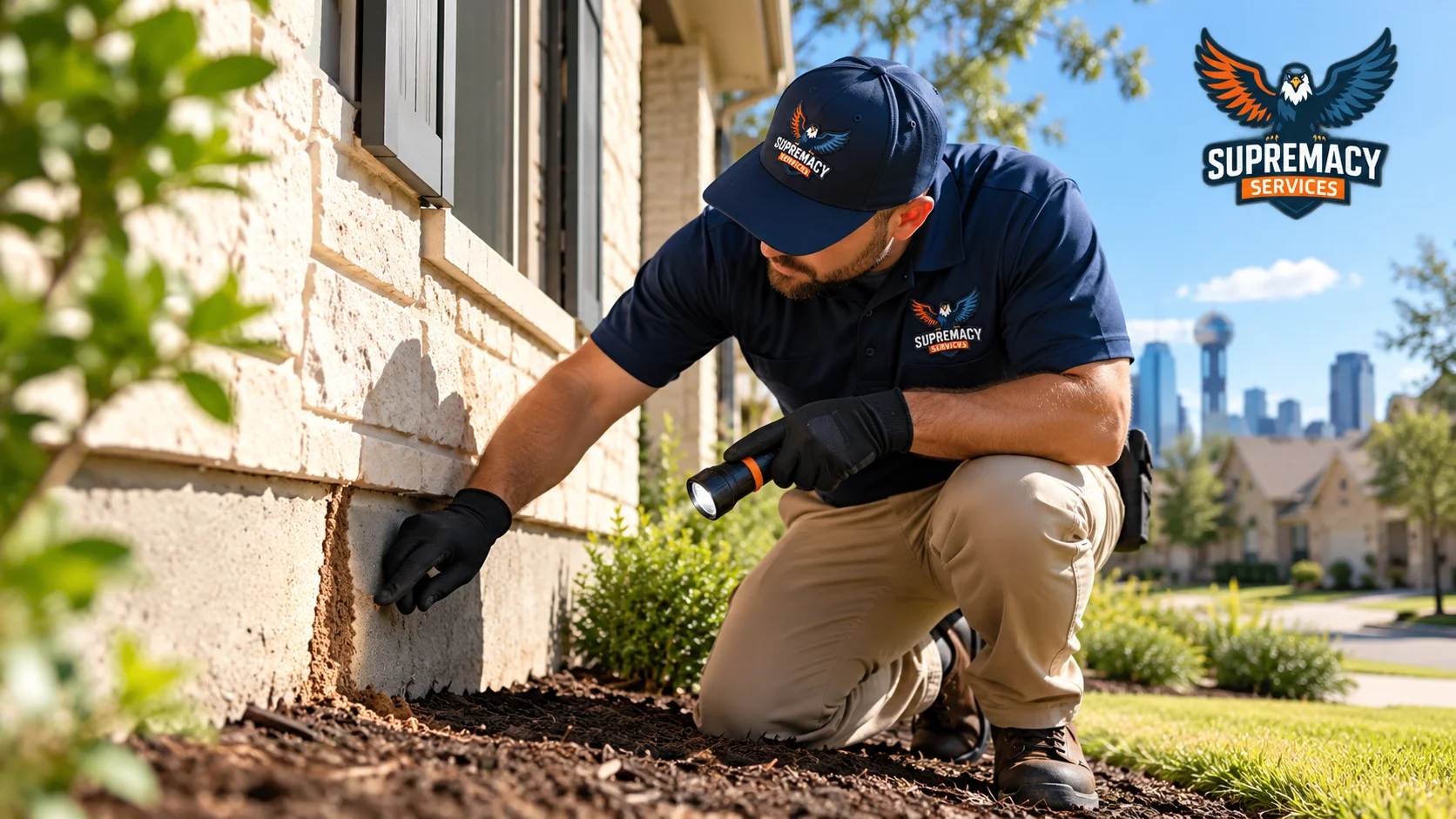 Supremacy Services technician inspecting a North Texas home foundation for signs of subterranean termites.