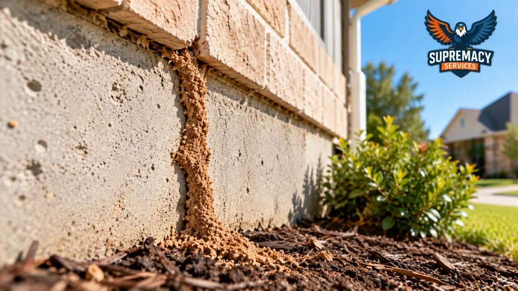 Termite mud tube extending from soil onto the concrete foundation of a North Texas home.