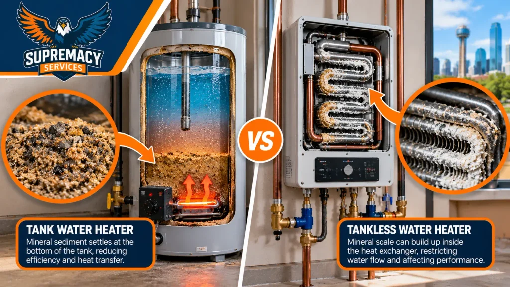 Comparison of sediment buildup in a tank water heater and mineral scale inside a tankless heat exchanger