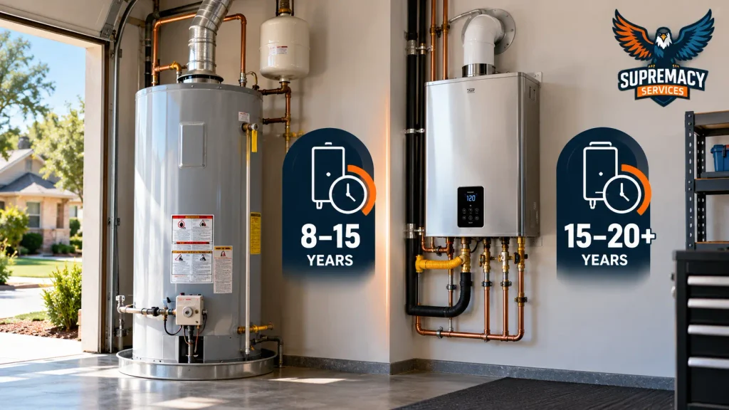 Traditional tank water heater and tankless water heater compared for expected service life