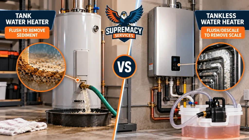 Comparison of tank water heater sediment flushing and tankless water heater descaling