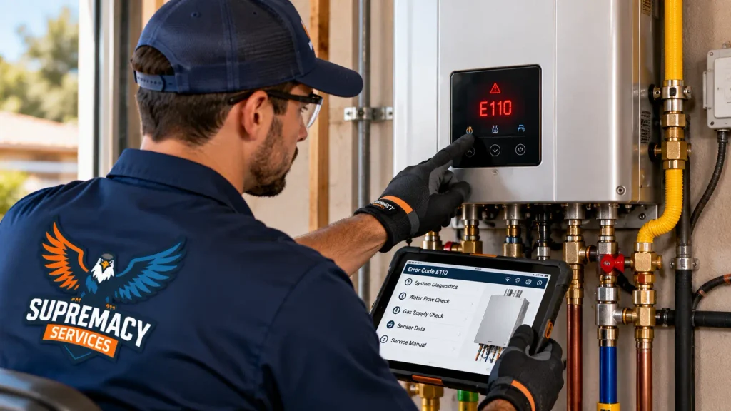 Supremacy Services technician checking a tankless water heater error code and performing model-specific diagnostics