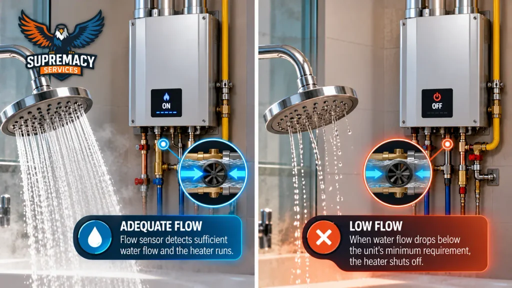 Comparison showing adequate shower flow keeping a tankless water heater on versus low flow causing it to shut off
