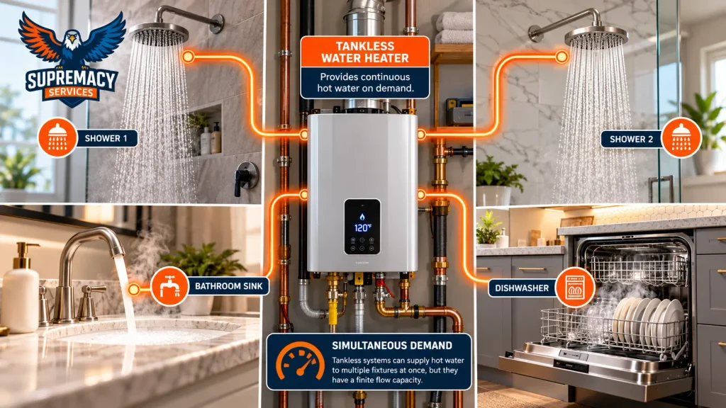 Tankless water heater supplying two showers, a bathroom sink, and dishwasher simultaneously