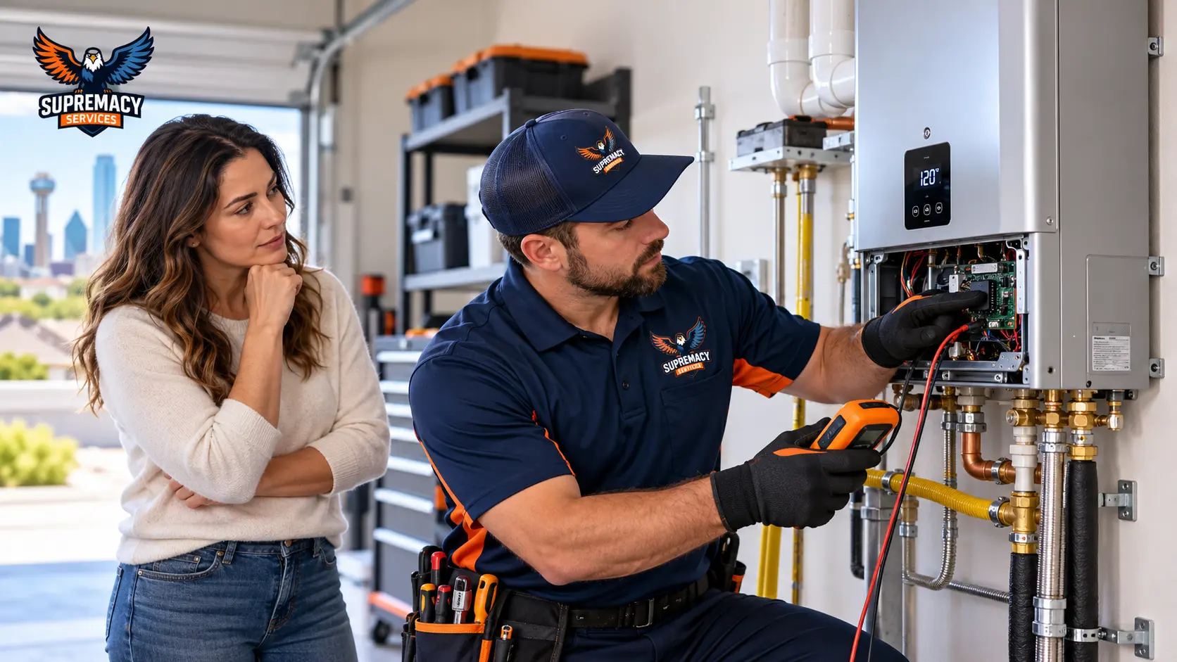 Supremacy Services technician diagnosing a tankless water heater that keeps shutting off in a Dallas-area home