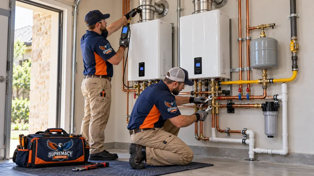 Technicians installing Tankless water heating solutions in Dallas
