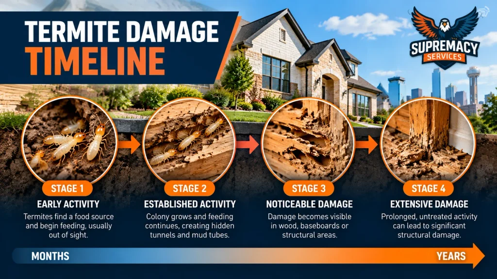Illustration showing termite damage progressing from hidden activity to more extensive wood damage over time