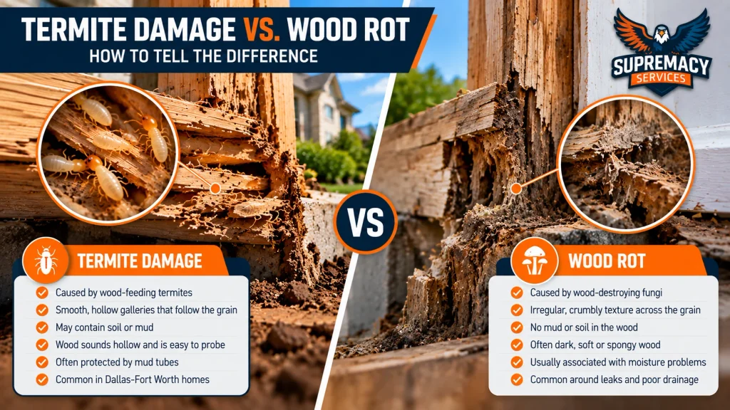 Side-by-side comparison of termite-damaged wood and moisture-related wood rot