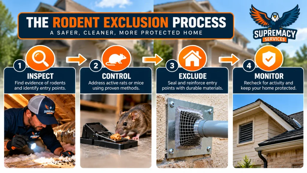Four-step rodent exclusion process showing inspection, rodent control, entry-point sealing and monitoring