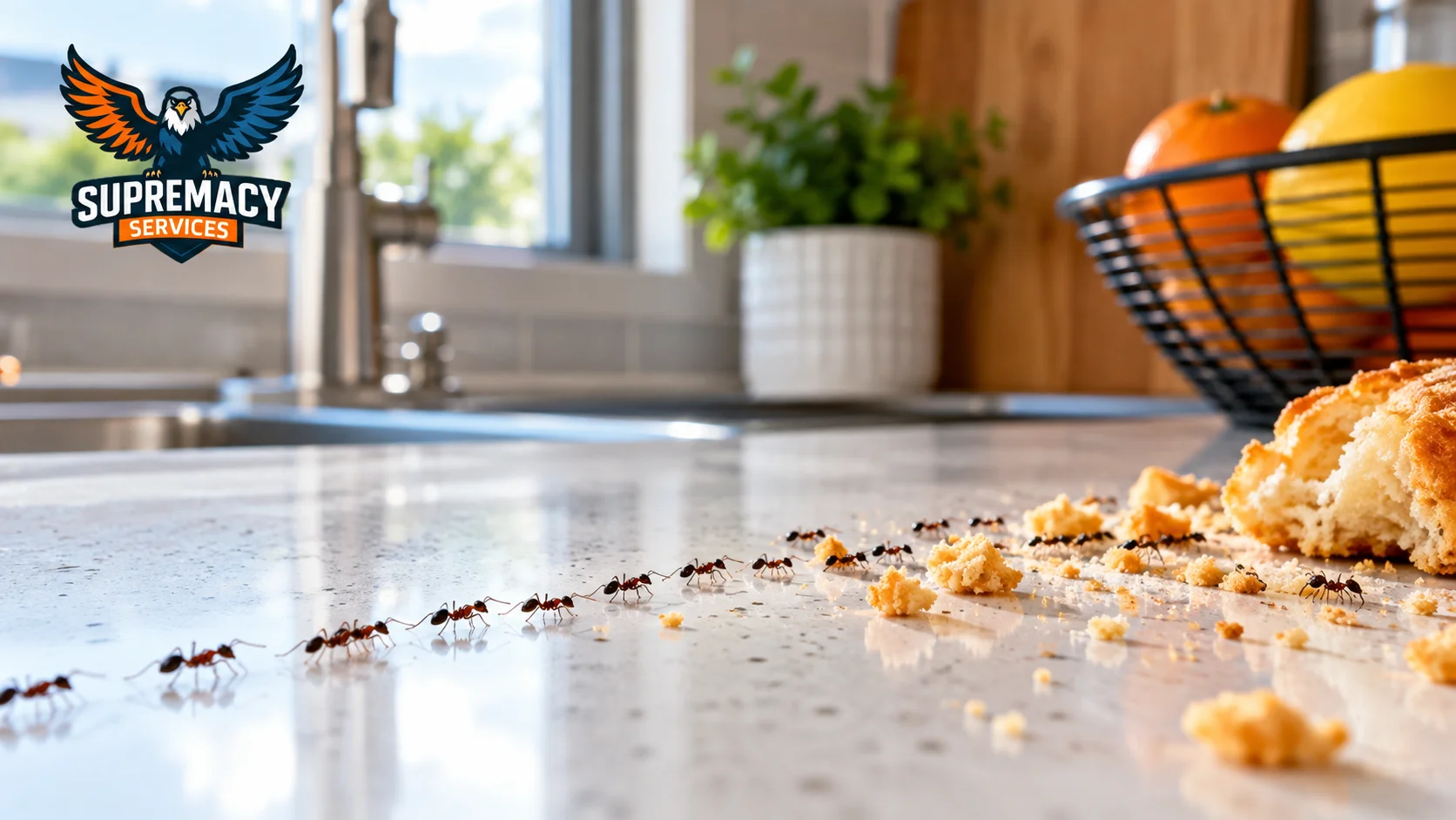 Tiny ants following a trail toward food crumbs on a kitchen countertop in a Dallas-area home.