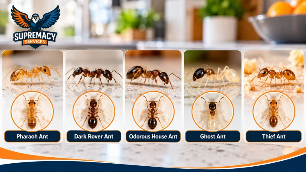 Comparison of pharaoh ants, dark rover ants, odorous house ants, ghost ants and thief ants found around homes.