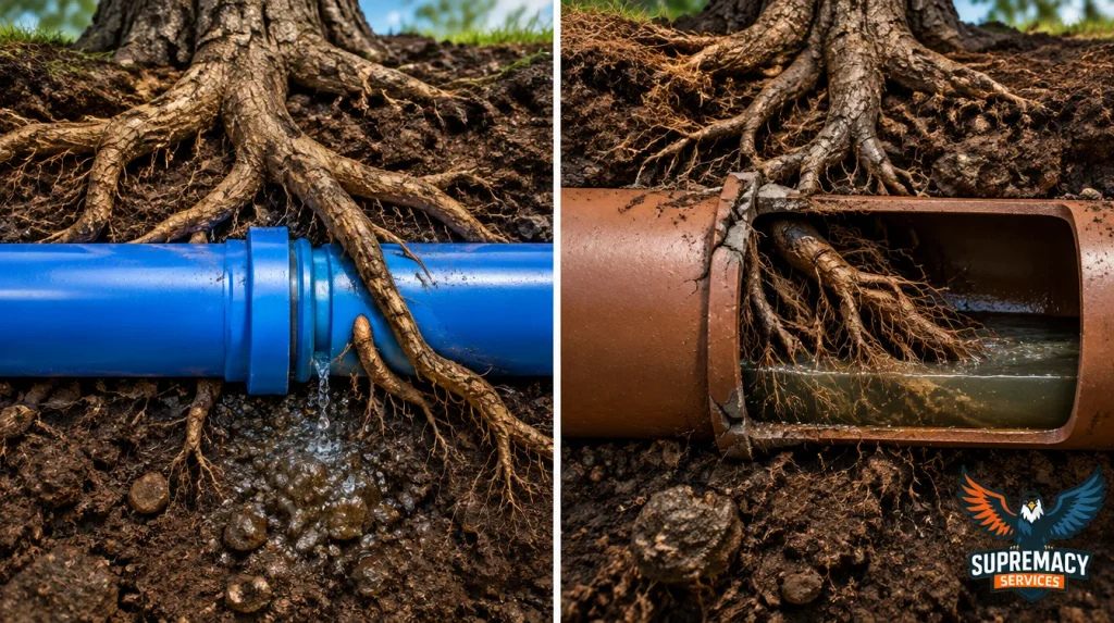 Underground comparison showing tree roots pressing against a water supply pipe and entering a cracked sewer pipe.