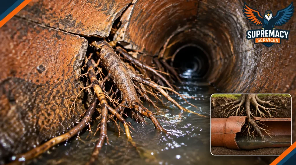 Tree roots entering an underground sewer pipe through a damaged joint and partially blocking wastewater flow.
