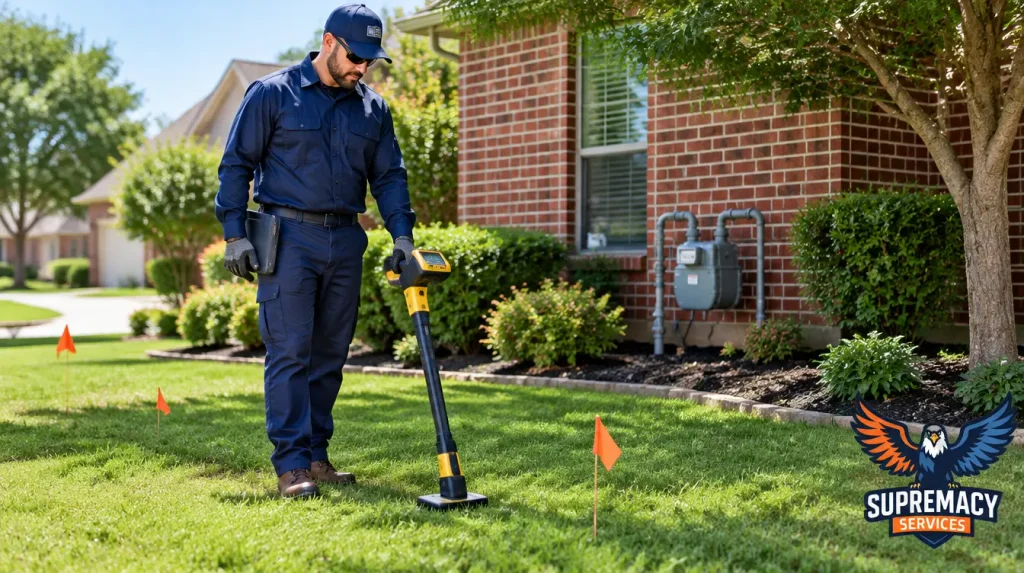 Utility locator using professional equipment to identify underground gas lines in the front yard of a Dallas, Texas home.