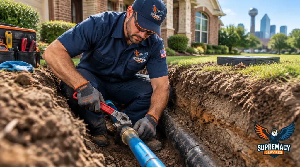 Professional plumbing technician repairing an exposed underground residential water supply pipe in the front yard of a Dallas home.