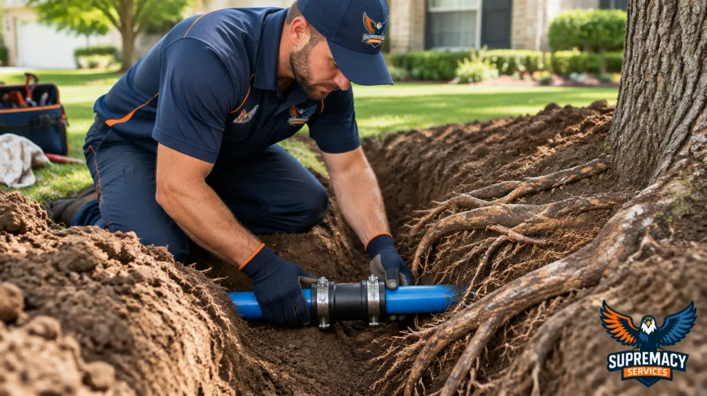 Professional plumber repairing a buried residential water supply pipe near tree roots in a Dallas front yard.