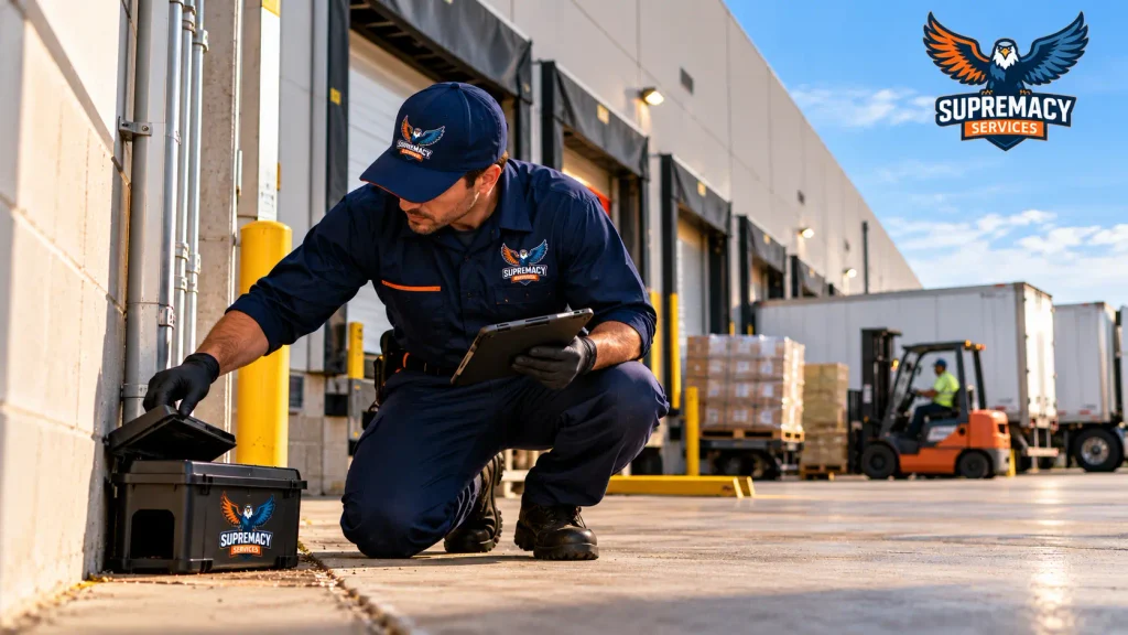Commercial pest-control technician checking a rodent monitoring station at a Dallas-Fort Worth warehouse loading dock