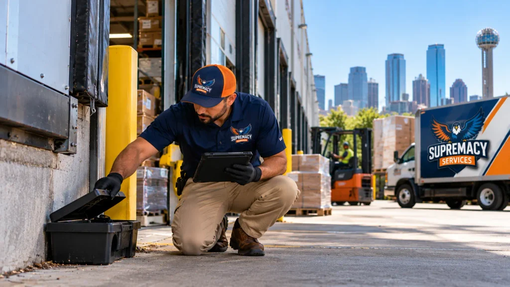 Commercial pest technician checking a rodent monitoring station at a DFW warehouse loading dock