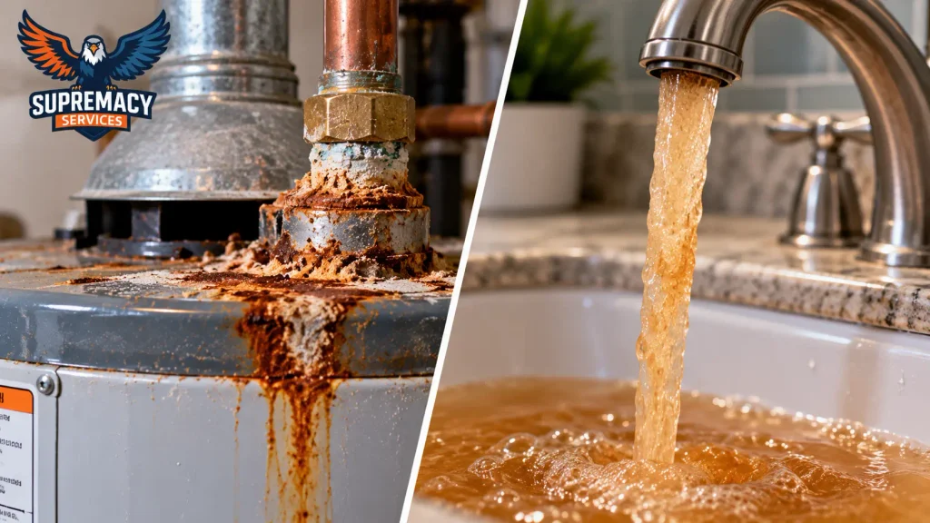 Corroded water heater fittings beside a faucet producing rusty brown hot water