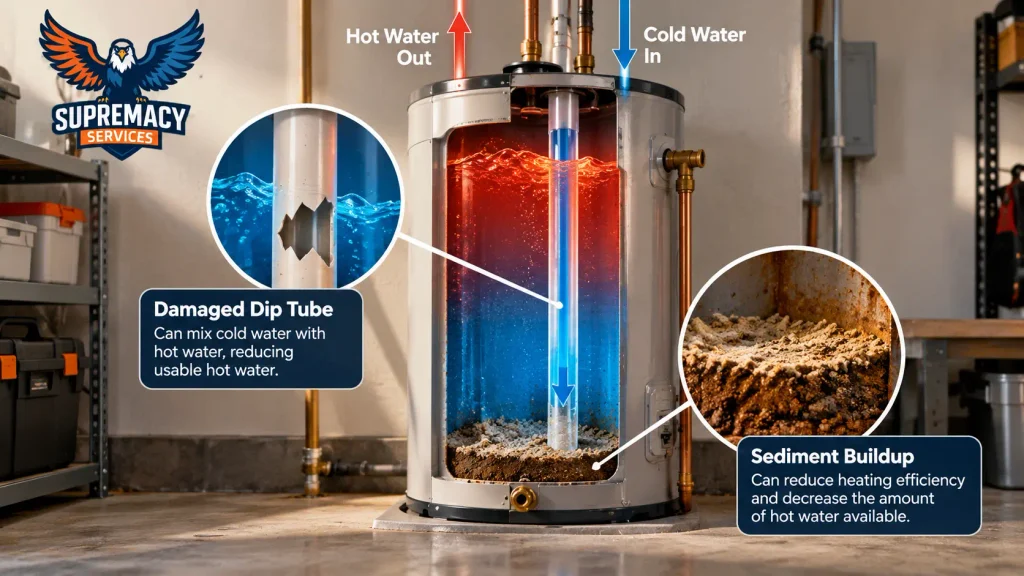 Cutaway water heater showing a damaged dip tube and sediment buildup inside the tank