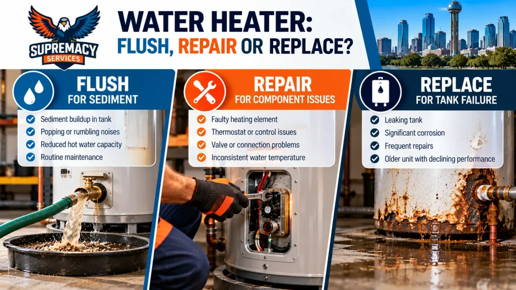 Water heater decision guide comparing flushing for sediment, repair for component problems and replacement for tank failure