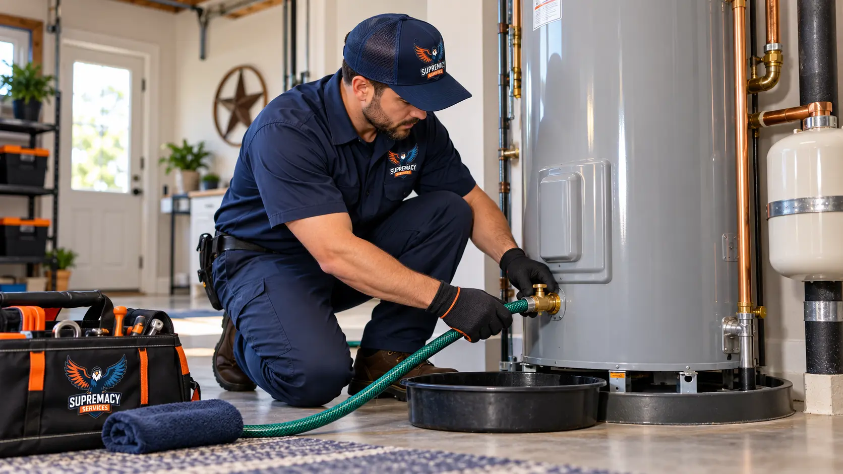 Supremacy Services technician flushing a residential tank water heater in a Dallas-area home