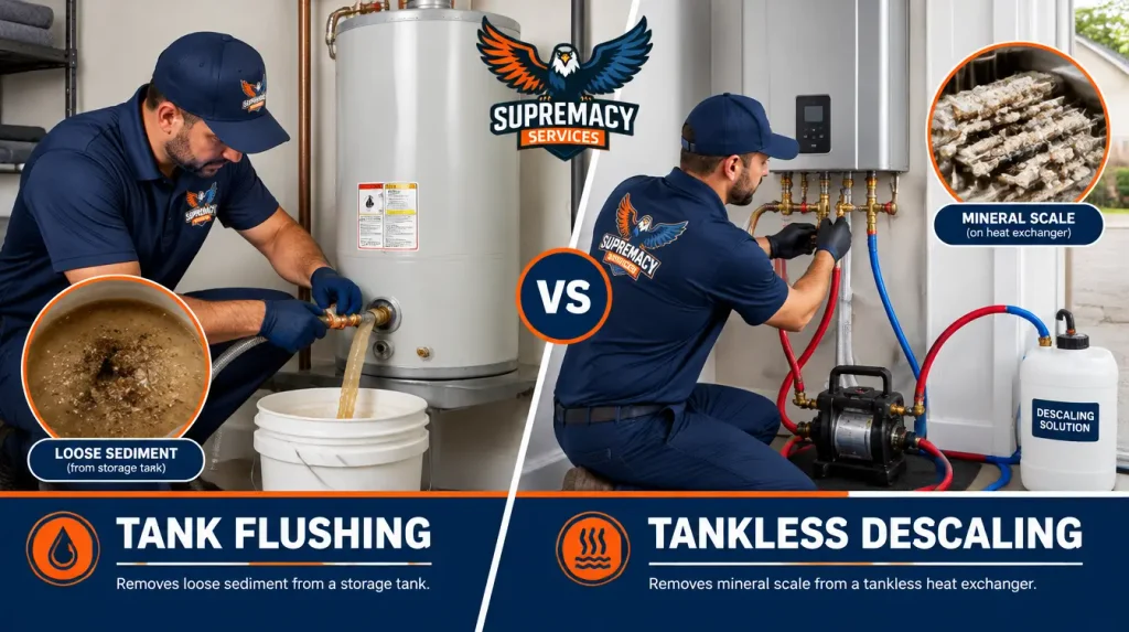 Technician flushing sediment from a tank water heater and descaling a tankless water heater