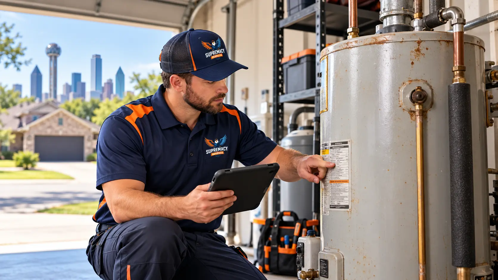 Supremacy Services technician inspecting an aging residential water heater in a Dallas-area garage