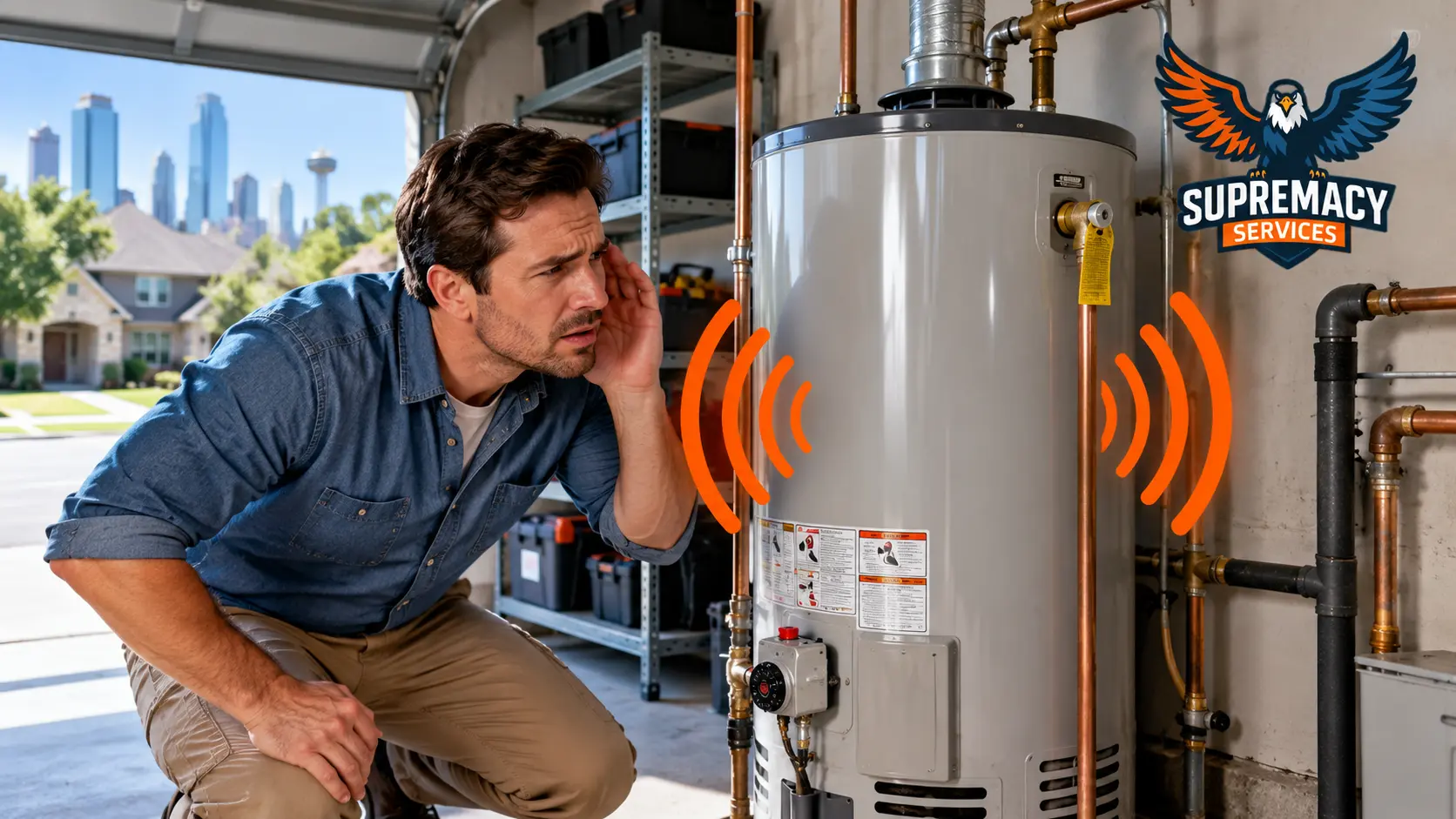 Homeowner listening to a noisy tank water heater making popping or rumbling sounds in a Dallas-area garage
