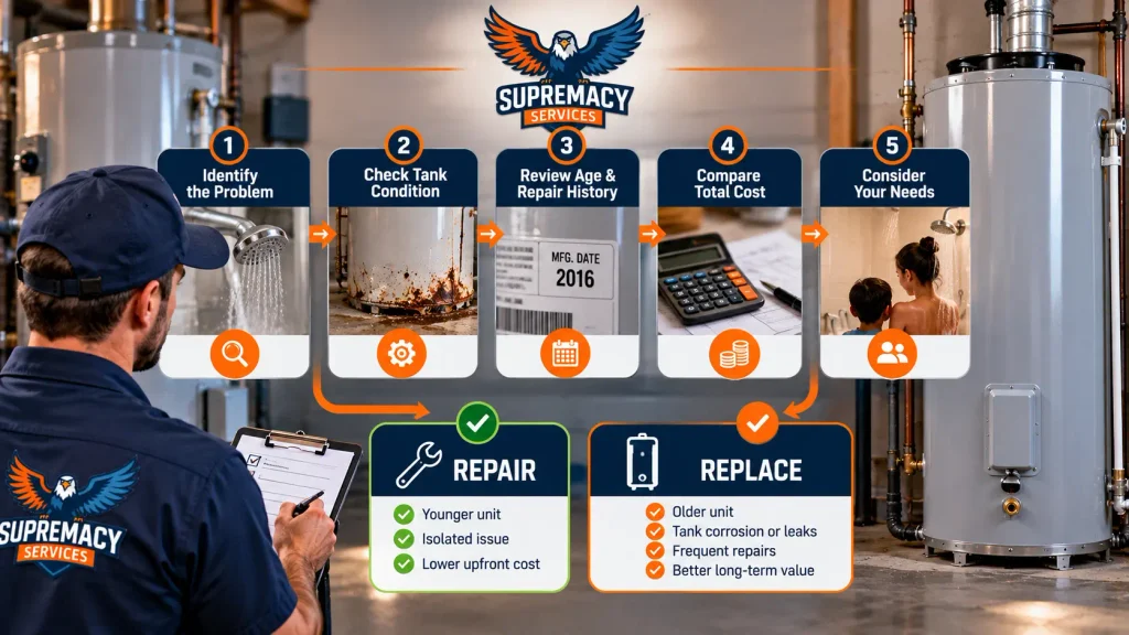 Five-step guide for deciding whether to repair or replace a residential water heater