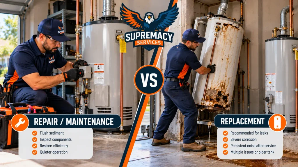 Comparison of water heater repair and maintenance versus replacement of a leaking or severely corroded tank
