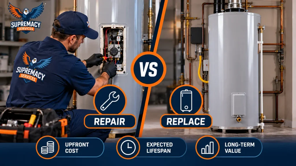 Infographic comparing water heater repair, replacement, upfront cost, expected lifespan and long-term value