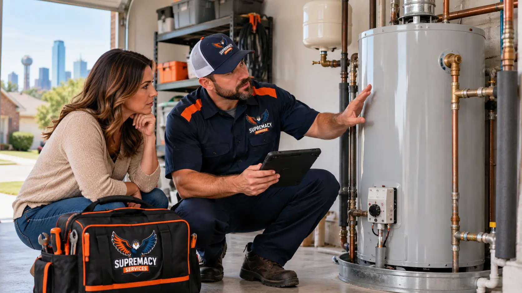 Supremacy Services technician inspecting a residential water heater with a Dallas homeowner