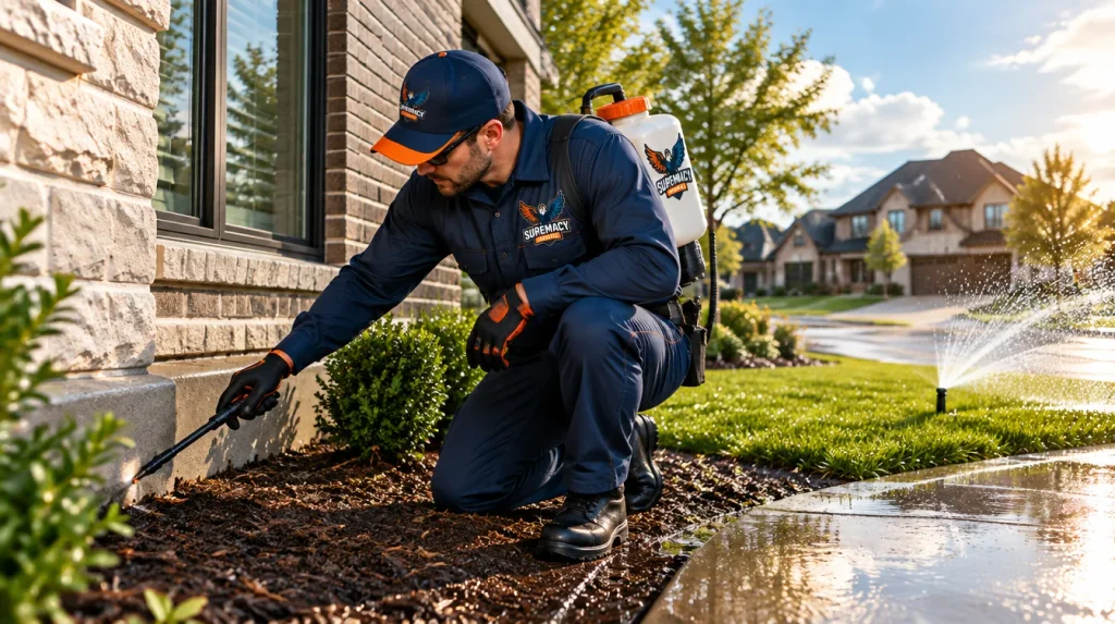 Dallas home foundation exposed to sunlight, rainfall, and lawn irrigation after exterior pest treatment.