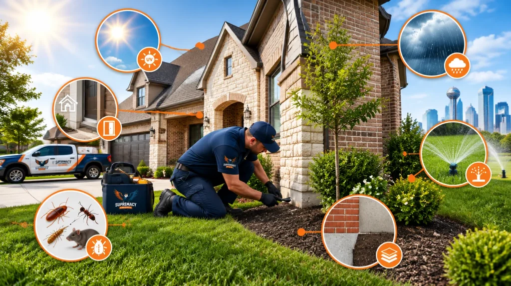 Dallas pest control technician inspecting a home with weather and property conditions that can affect treatment longevity.