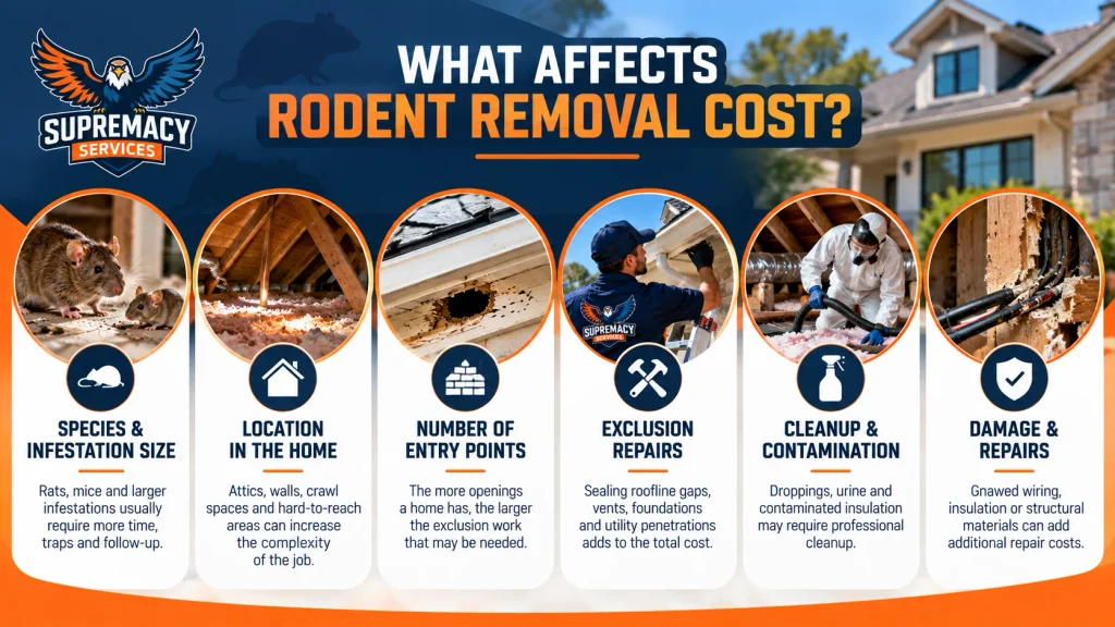 Infographic showing factors that affect rodent removal pricing, including infestation size, entry points, exclusion, cleanup and repairs