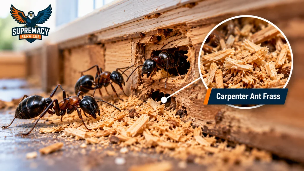 Carpenter ants beside coarse sawdust-like frass and excavated wood galleries