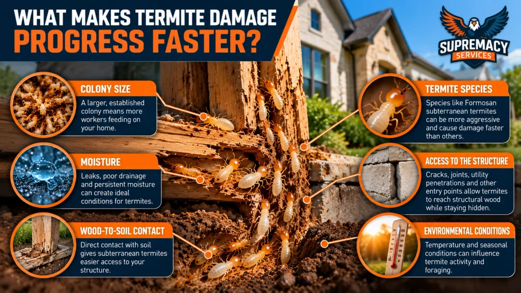 Worker termites feeding in wood with moisture, colony size and structural access illustrated as damage factors