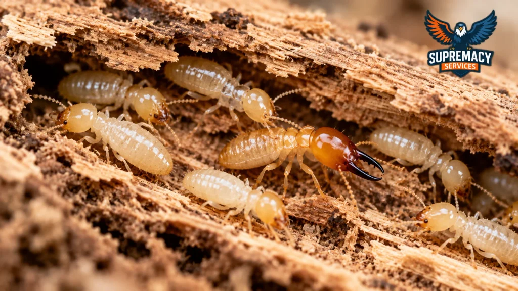 Close-up of subterranean termite workers and a soldier inside damaged wood.